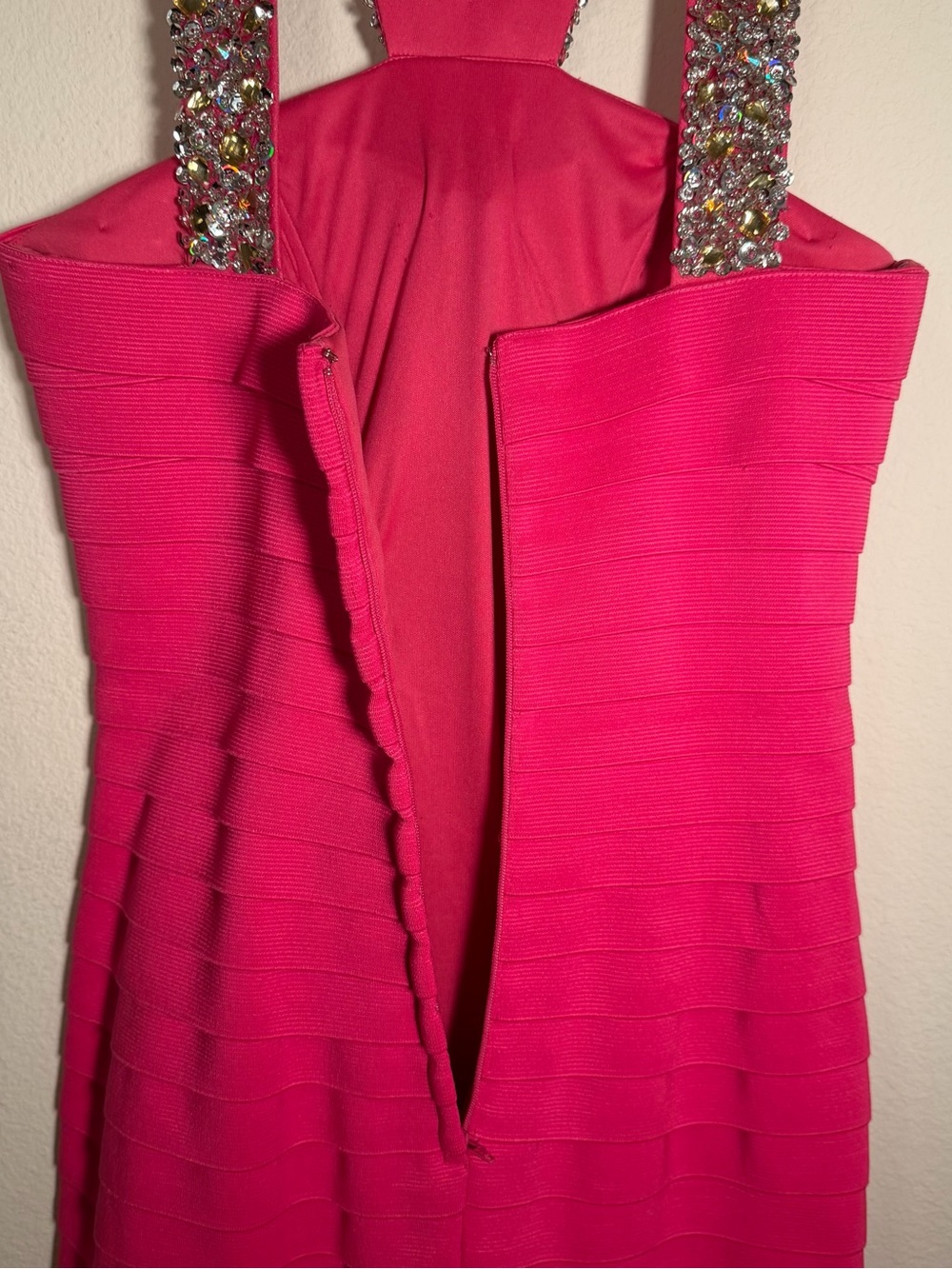 Sherri Hill Hot Pink Bandage Dress, Rhinestone Straps, Cocktail Homecoming Party - Picture 7 of 10